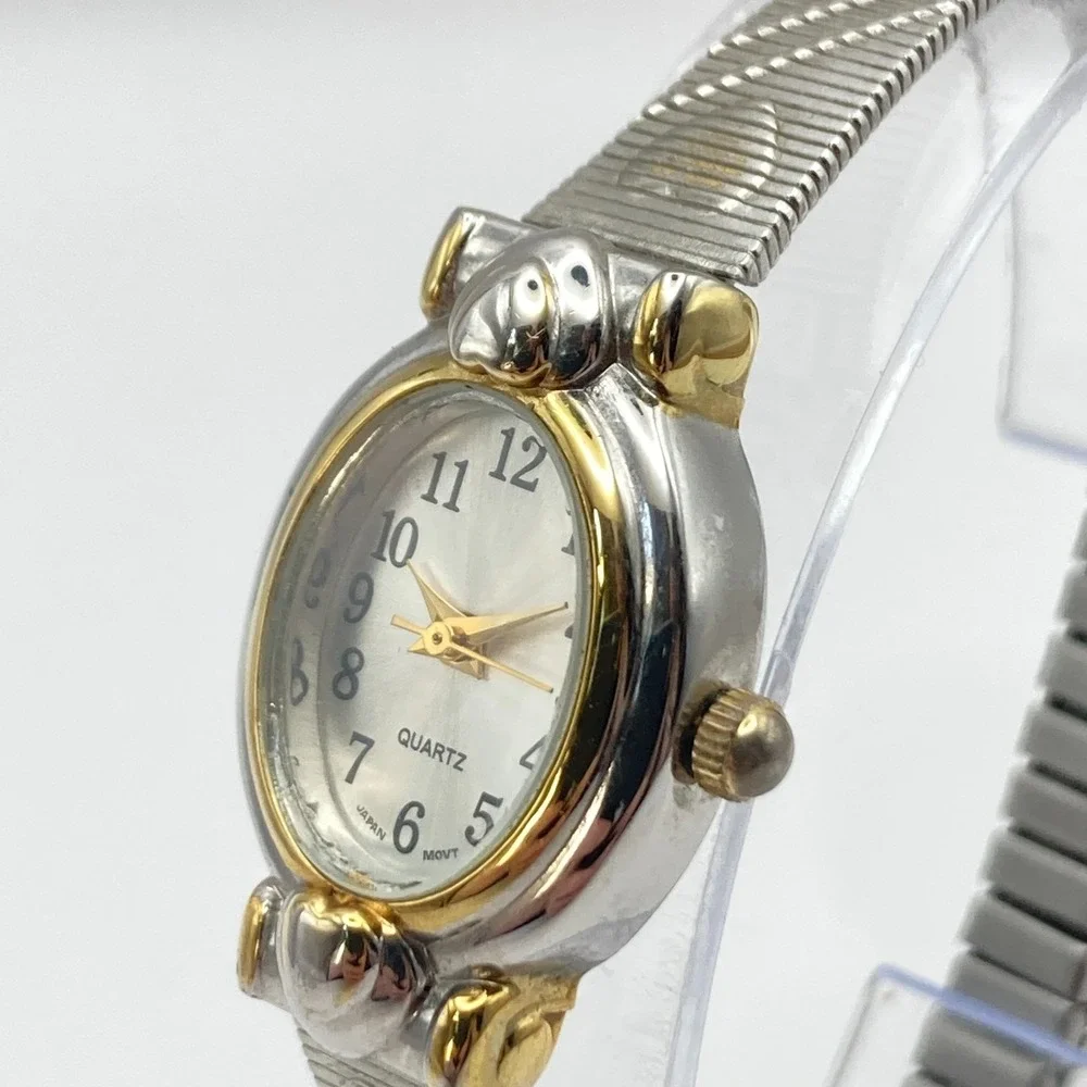 Vintage White Stag Womens Watch Silver Gold Tone Hearts Stretch Band New Battery